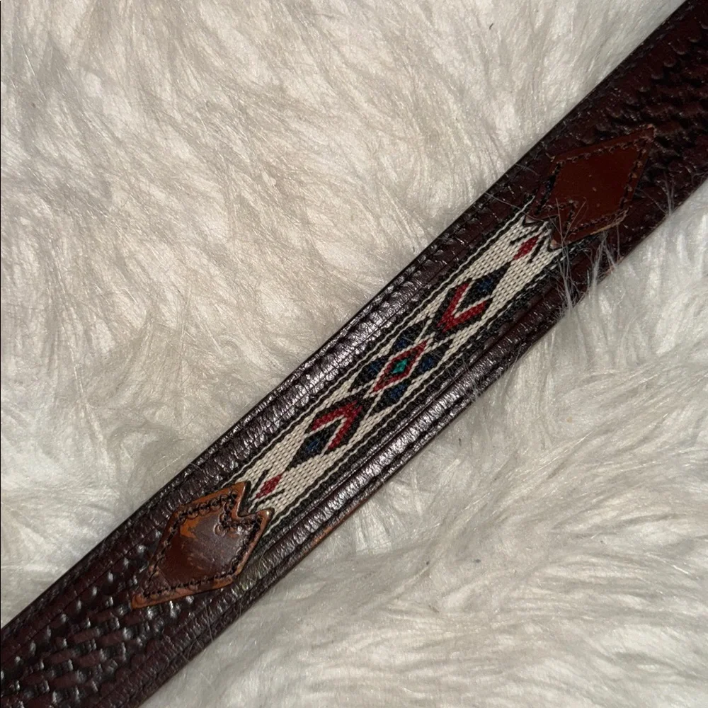 Brown leather western belt fabric metal concho embellishments distress worn 42